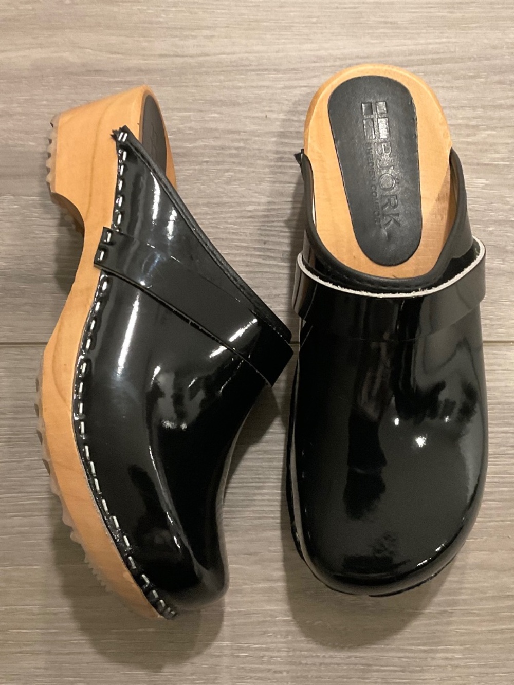 BJORK Maja Wood Leather Clogs Black Patent Leather EU39 U.S. 8-8.5 LIKE NEW